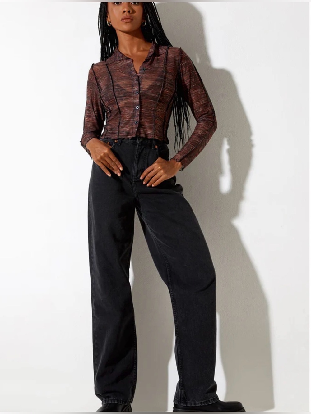 MOTEL Keera Long Sleeve Collared Sheer Button Up Shirt Summer Rays Brown M Y2K